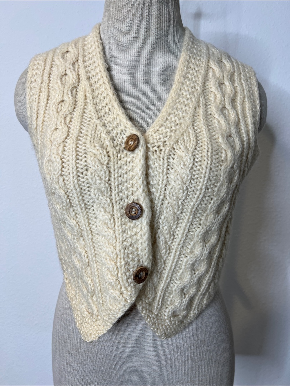 Lanz of California Vintage Wool Cream Cable Knit Button-Front Sweater Vest